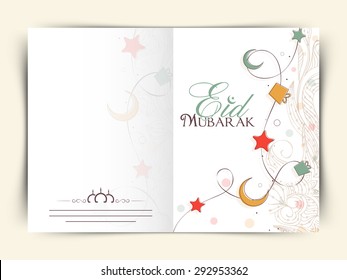 Colorful moon, stars, gifts and floral design decorated greeting card design for muslim community festival, Eid Mubarak celebration.