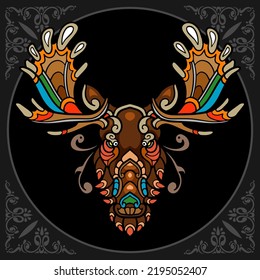 Colorful moose zentangle arts isolated on black background