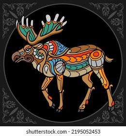 Colorful moose zentangle arts isolated on black background