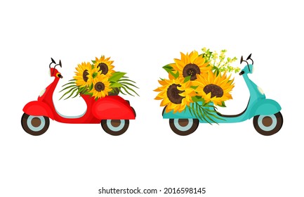 Colorful Moped or Motorbike with Sunflowers Vector Set