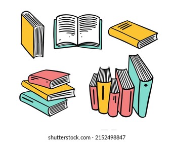 Coloridos más libros. Ilustración vectorial dibujada a mano de diseño plano. Aislado sobre fondo blanco.