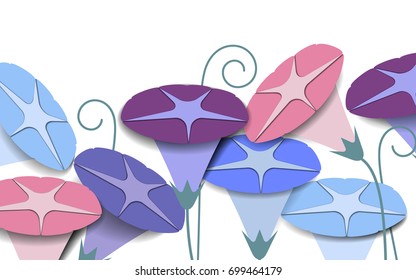 Colorful morning glory flowers background, paper craft/paper cut style
