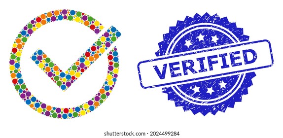 Colorful mosaic accept tick, and Verified textured rosette seal print. Blue stamp seal includes Verified tag inside rosette.
