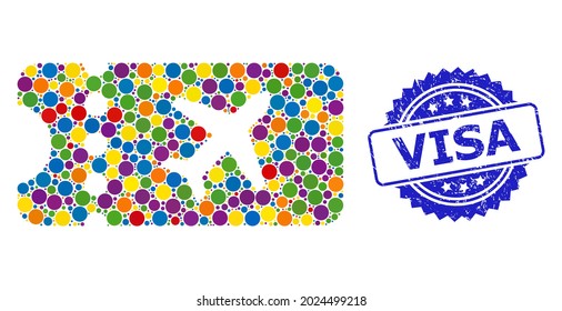 Colorful mosaic air ticket, and Visa dirty rosette stamp. Blue stamp has Visa title inside rosette. Vector round dots are united into abstract mosaic air ticket icon.