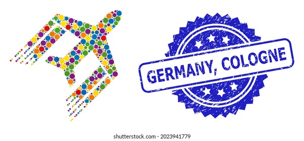 Colorful mosaic aviation, and Germany, Cologne rubber rosette seal print. Blue seal has Germany, Cologne title inside rosette. Vector spheric spots are organized into abstract mosaic aviation icon.
