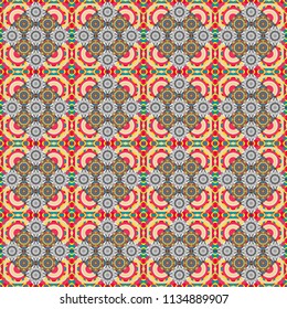 Colorful mosaic backdrop in beige, gray and pink colors. Geometric hipster tiles background. Abstract retro seamless pattern of geometric shapes. Vector illustration.