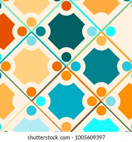 Colorful Mosaic Background with Multicolored Squares and Circles. Colorful Background for Tile, Fabric, Paper, Tablecloth, Banner, Textile. Colorful Mosaic Background in Classic Style. Pattern.
