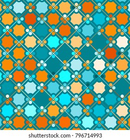 Colorful Mosaic Background with Multicolored Squares and Circles. Colorful Background for Tile, Fabric, Paper, Tablecloth, Banner, Textile. Colorful Mosaic Background in Classic Style. Pattern.