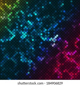 Colorful mosaic background, pattern. Colored squares on black. Useful as design element for texture and artistic compositions.
