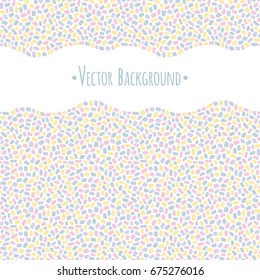 Colorful mosaic borders, frame, background with empty area for text. Seamless in horizontal direction. Inlay, tiny polygon pieces, ceramic tile imitation texture with wavy edge. Soft pastel colors.