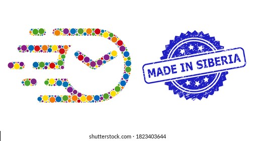 Colorful mosaic clock, and Made in Siberia rubber rosette stamp seal. Blue stamp seal includes Made in Siberia title inside rosette.
