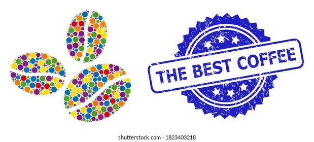 Colorful mosaic coffee beans, and The Best Coffee scratched rosette stamp seal. Blue stamp seal includes The Best Coffee caption inside rosette.