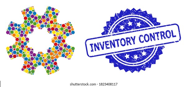 Colorful mosaic cog gear, and Inventory Control unclean rosette stamp. Blue stamp contains Inventory Control text inside rosette. Vector circle spots are organized into abstract mosaic cog gear icon.