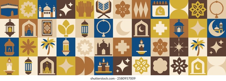 A colorful mosaic of Eid Mubarak, Ramadan symbols and patterns, including a palm tree, a candle, and a star