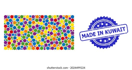 Colorful mosaic filled rectangle, and Made in Kuwait textured rosette seal. Blue stamp seal contains Made in Kuwait tag inside rosette.