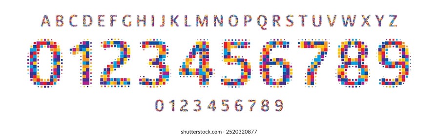 Colorful mosaic font, pixelated square shapes numbers and letters for digital logos, sports branding, jersey numbers, team merchandise. Vector typeset