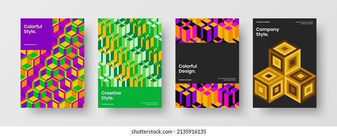 Colorful mosaic hexagons handbill layout collection. Trendy flyer vector design illustration set.