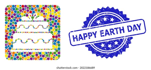 Colorful mosaic marriage cake, and Happy Earth Day dirty rosette seal print. Blue seal has Happy Earth Day title inside rosette.