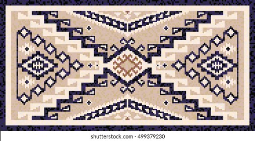 Colorful mosaic Navajo rug with traditional folk geometric pattern. Navajo rug native American Indian blanket. Tribal carpet border frame pattern. Vector 10 EPS illustration.