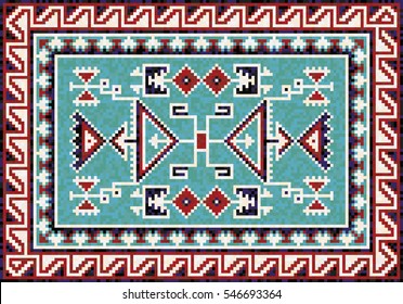 Colorful mosaic Navajo rug with traditional folk geometric ornament. Native American Indian blanket. Carpet border frame pattern. 133x93 cells.  Vector 10 EPS illustration.
