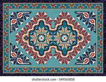 Colorful mosaic Navajo rug with traditional folk double-diamond geometric pattern. Native American Indian blanket. Carpet border frame ornament. Vector 10 EPS illustration.