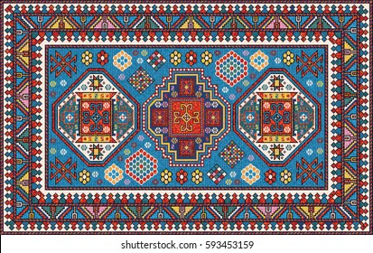 Colorful mosaic oriental kazak rug with traditional folk geometric ornament. Carpet border frame pattern. Vector 10 EPS illustration.