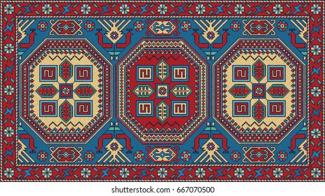 Colorful mosaic oriental kazak rug with traditional folk geometric ornament. Carpet border frame pattern. Vector 10 EPS illustration.