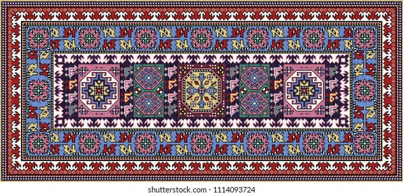 Colorful mosaic oriental kilim rug with traditional folk geometric ornament. Patterned carpet with a border frame. Vector 10 EPS illustration.