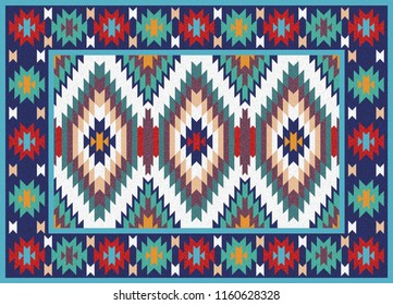 Colorful mosaic oriental kilim rug with traditional folk geometric ornament. Patterned carpet with a border frame. Vector 10 EPS illustration.