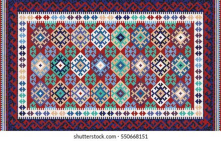 Colorful mosaic oriental kilim rug with traditional folk geometric ornament. Carpet border frame pattern. 221 x 131 cells.  Vector 10 EPS illustration. 