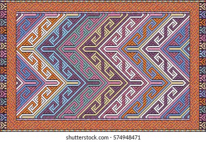 Colorful mosaic oriental kilim rug with traditional folk geometric ornament. Carpet border frame pattern. Vector 10 EPS illustration.