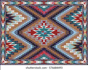 Colorful mosaic oriental kilim rug with traditional folk geometric ornament. Carpet border frame pattern. Vector 10 EPS illustration.