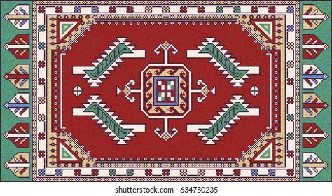 Colorful mosaic oriental kilim rug with traditional folk geometric ornament. Carpet border frame pattern. Vector 10 EPS illustration. 