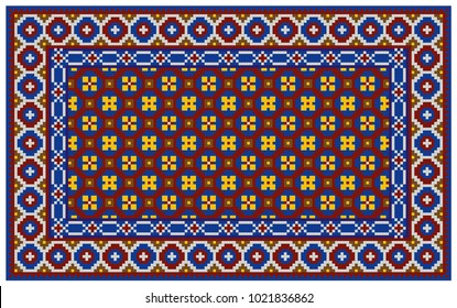 Colorful mosaic oriental rug with traditional folk geometric ornament. Carpet with border frame pattern. Cross stitch template.