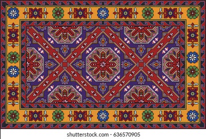 Tapis oriental en mosaïque colorée, ornement géométrique folklorique et motifs floraux. Motif de cadre de bordure de tapis. Image vectorielle illustration 10 EPS.