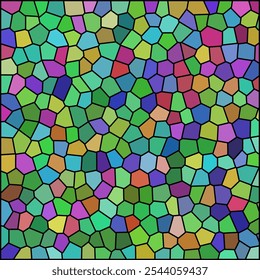 Un patrón de mosaico colorido compuesto de Formas poligonales irregulares con contornos negros gruesos. Las Formas varían en color, creando un efecto de vitrales vibrantes en toda la superficie.