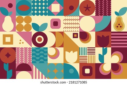 Patrón de mosaico colorido con diseño geométrico plano. Cae vibraciones con manzana, pera y flores. Ilustración vectorial en colores brillantes.