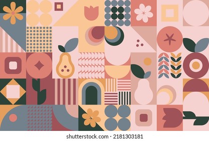 Colorful mosaic pattern with flat geometric design. Fall vibes with apple, pear and flowers. Vector illustration in bright colors.