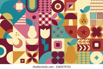 Patrón de mosaico colorido con diseño geométrico plano. Cae vibraciones con manzana, pera y flores. Ilustración vectorial en colores brillantes.