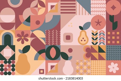 Patrón de mosaico colorido con diseño geométrico plano. Vibes otoñales con manzana, pera y flores. Ilustración vectorial en colores brillantes.