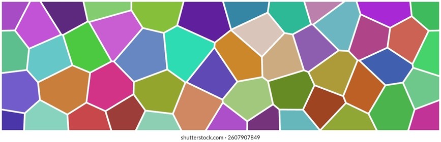 Colorful mosaic pattern with irregular polygon shapes. Bright stained-glass style design with vibrant hues and white outlines, ideal for backgrounds or abstract art.

