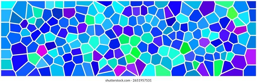 Padrão de mosaico colorido com formas irregulares de polígonos em tons de azul, roxo, verde e ciano, lembrando vitrais.

