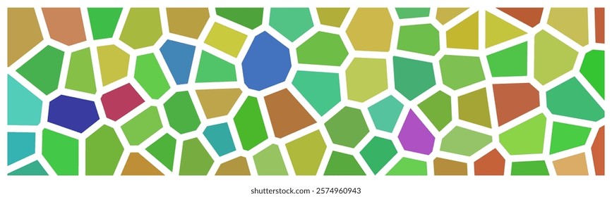 A colorful mosaic pattern with irregular polygonal shapes in shades of green, blue, yellow, and red, separated by white borders. Abstract and vibrant design.

