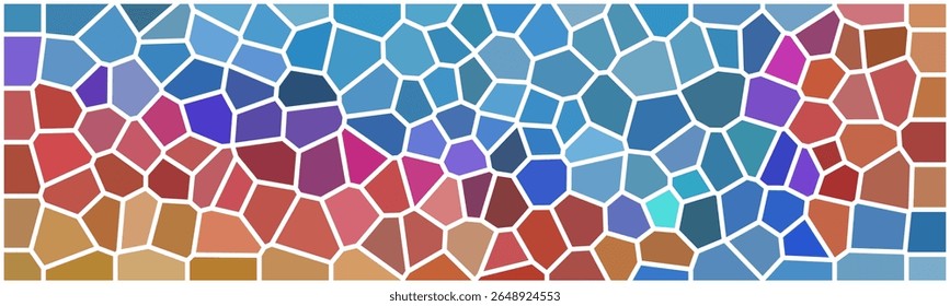 A colorful mosaic pattern with irregular polygonal shapes in shades of blue, red, and purple, divided by white outlines.

