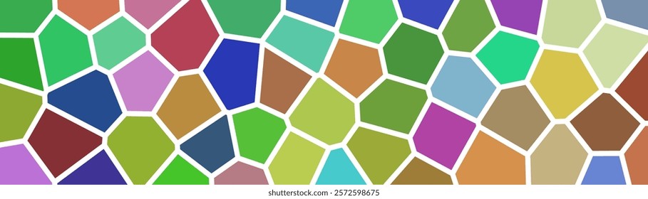 A colorful mosaic pattern of irregular polygons in a variety of vibrant shades, separated by white lines, creating a playful and dynamic abstract design.

