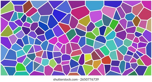 Colorful mosaic pattern made of irregular polygonal tiles with white borders, featuring a variety of bright and vibrant colors in a stained-glass style.

