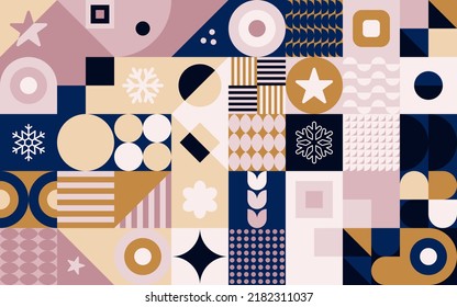 Patrón de mosaico colorido con copos de nieve y estrellas. Diseño geométrico plano para Navidad o Año Nuevo. Ilustración vectorial en colores fríos brillantes.