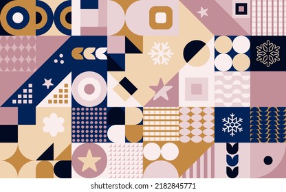 Farbiges Mosaikmuster mit Schneeflocken und Sternen. Flaches geometrisches Design für Weihnachten oder Neujahr. Vektorgrafik in hellkalten Farben.