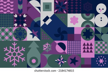 Colorful mosaic pattern with snow flakes, snowman and stars. Flat geometric design for Christmas or New Year. Vector illustration in bright cold colors.