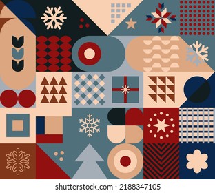 Colorful mosaic pattern with snow flakes, christmas tree and stars. Flat geometric design for Christmas or New Year. Vector illustration in bright cold colors.